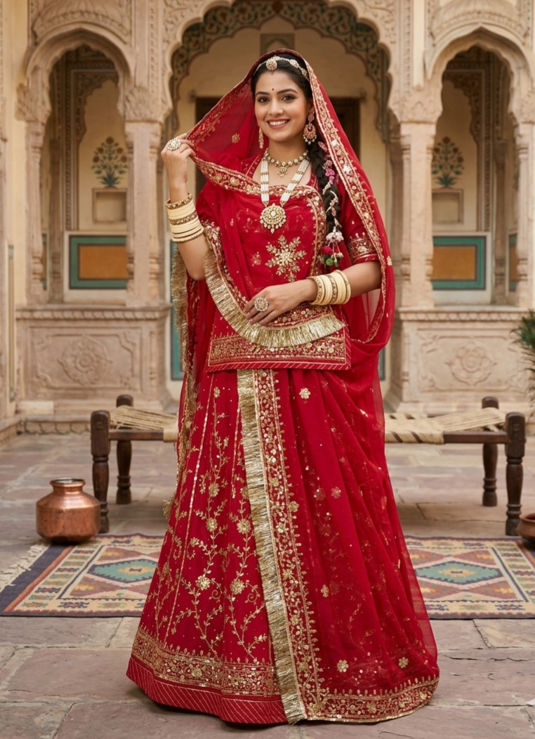 Red Pure Soft Georgette Gotta Patti Rajasthani Rajputi Lehenga Choli