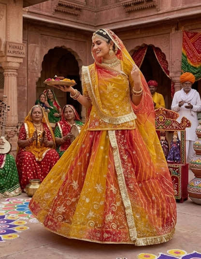 Yellow Pure Semi Georgette Gotta Patti Rajasthani Rajputi Lehenga Choli