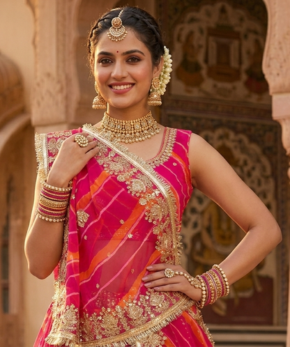 Orange Pure Semi Georgette Lahariya Print Gotta Patti Rajasthani Rajputi Lehenga Choli