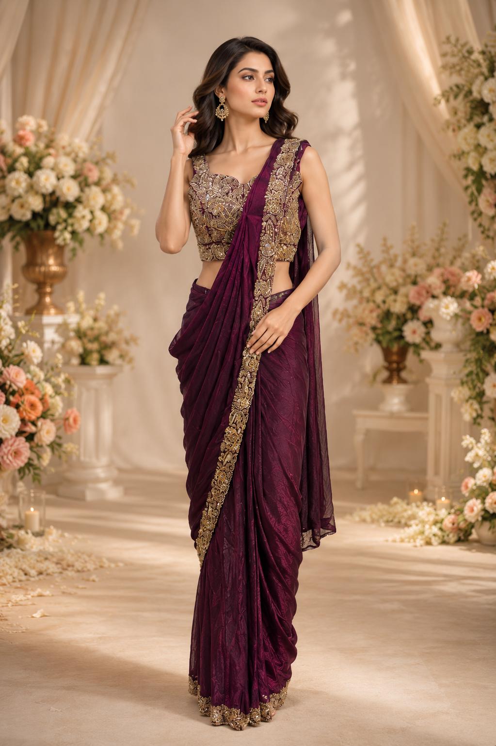 Wine Pure Imported Fendi Silk Ready to Wear Saree