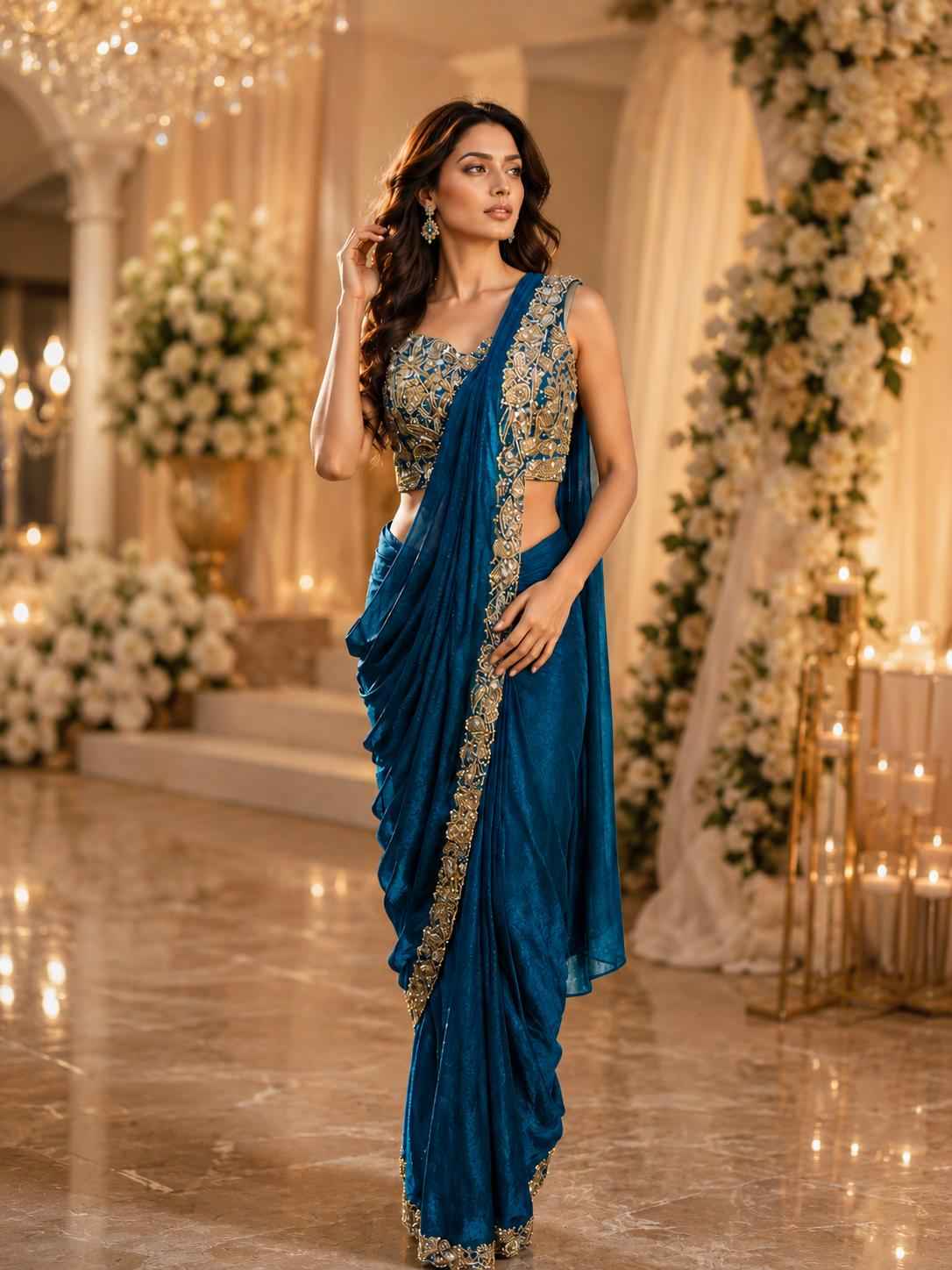 Blue Purple Pure Imported  Lycra Silk Ready to Wear Saree