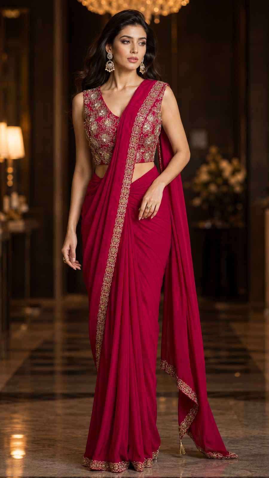 Red Pure Imported Fendi Silk Ready to Wear Saree