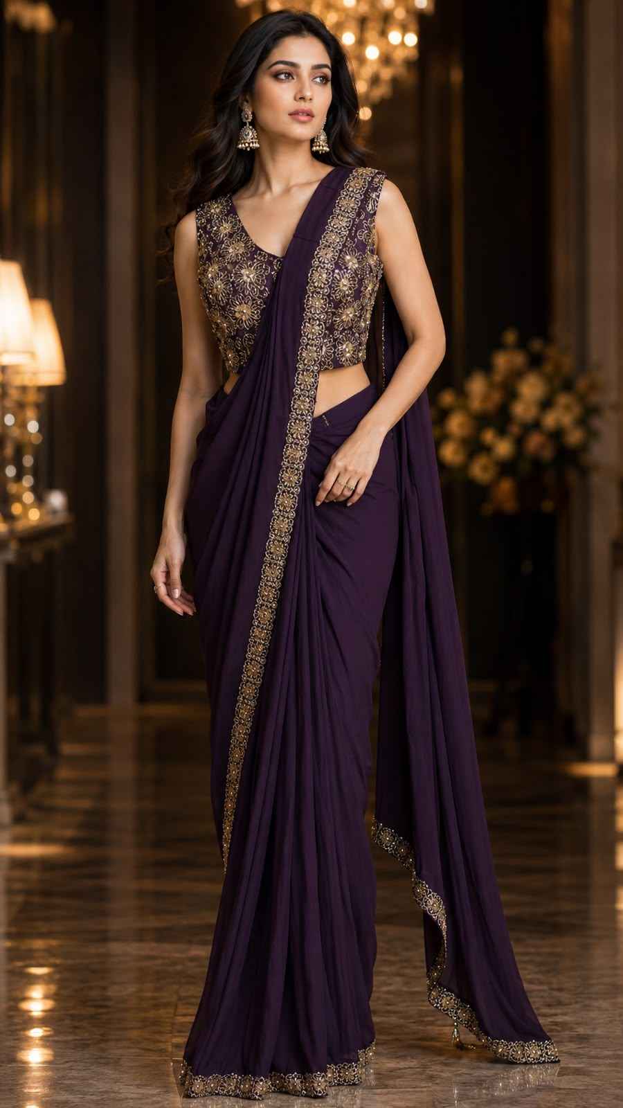 Dark Purple Pure Imported Fendi Silk Ready to Wear Saree