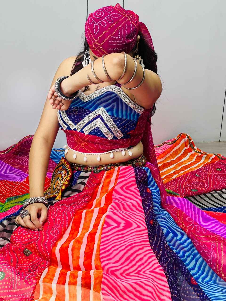 Multicolor Pure Faux Georgette Traditional Multi Prints kali Navratri Lehenga Choli