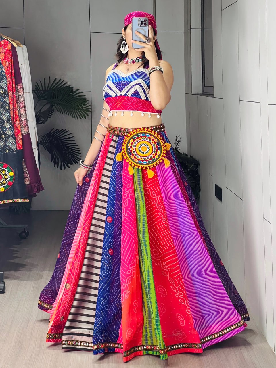 Multicolor Pure Faux Georgette Traditional Multi Prints kali Navratri Lehenga Choli