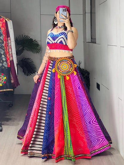 Multicolor Pure Faux Georgette Traditional Multi Prints kali Navratri Lehenga Choli