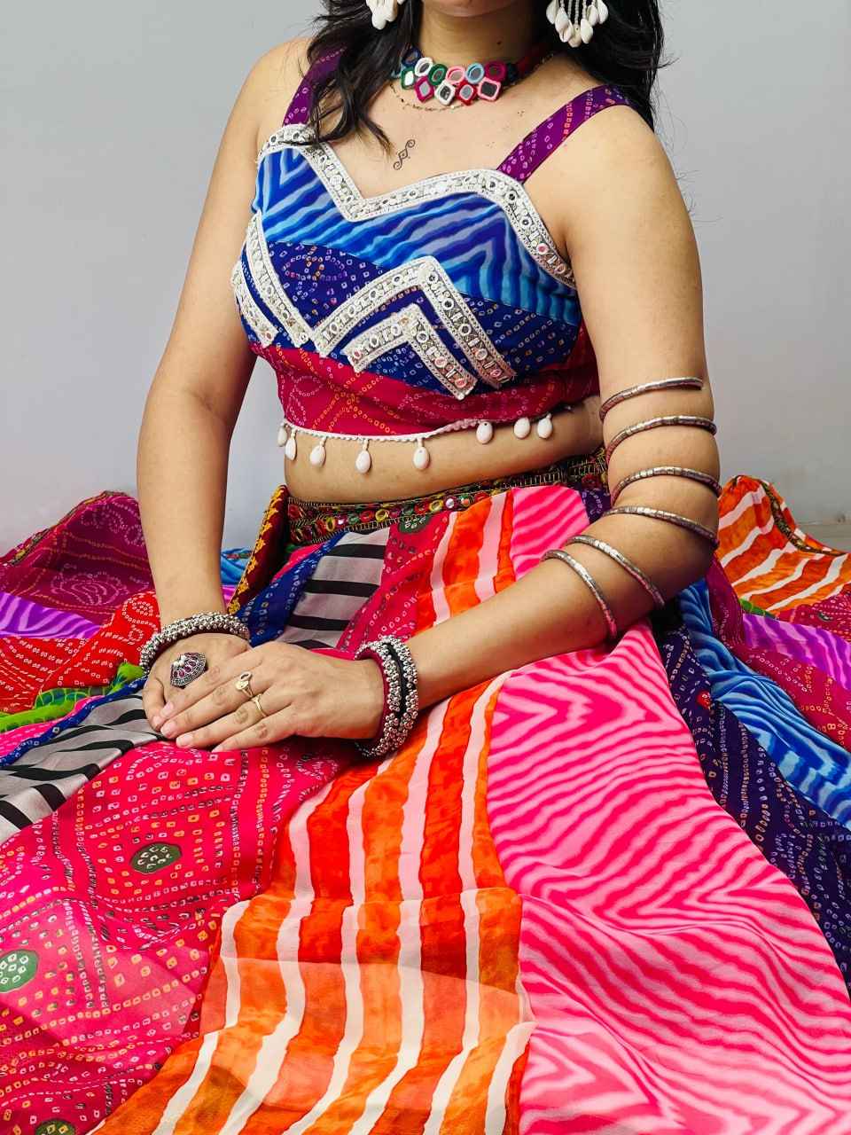 Multicolor Pure Faux Georgette Traditional Multi Prints kali Navratri Lehenga Choli