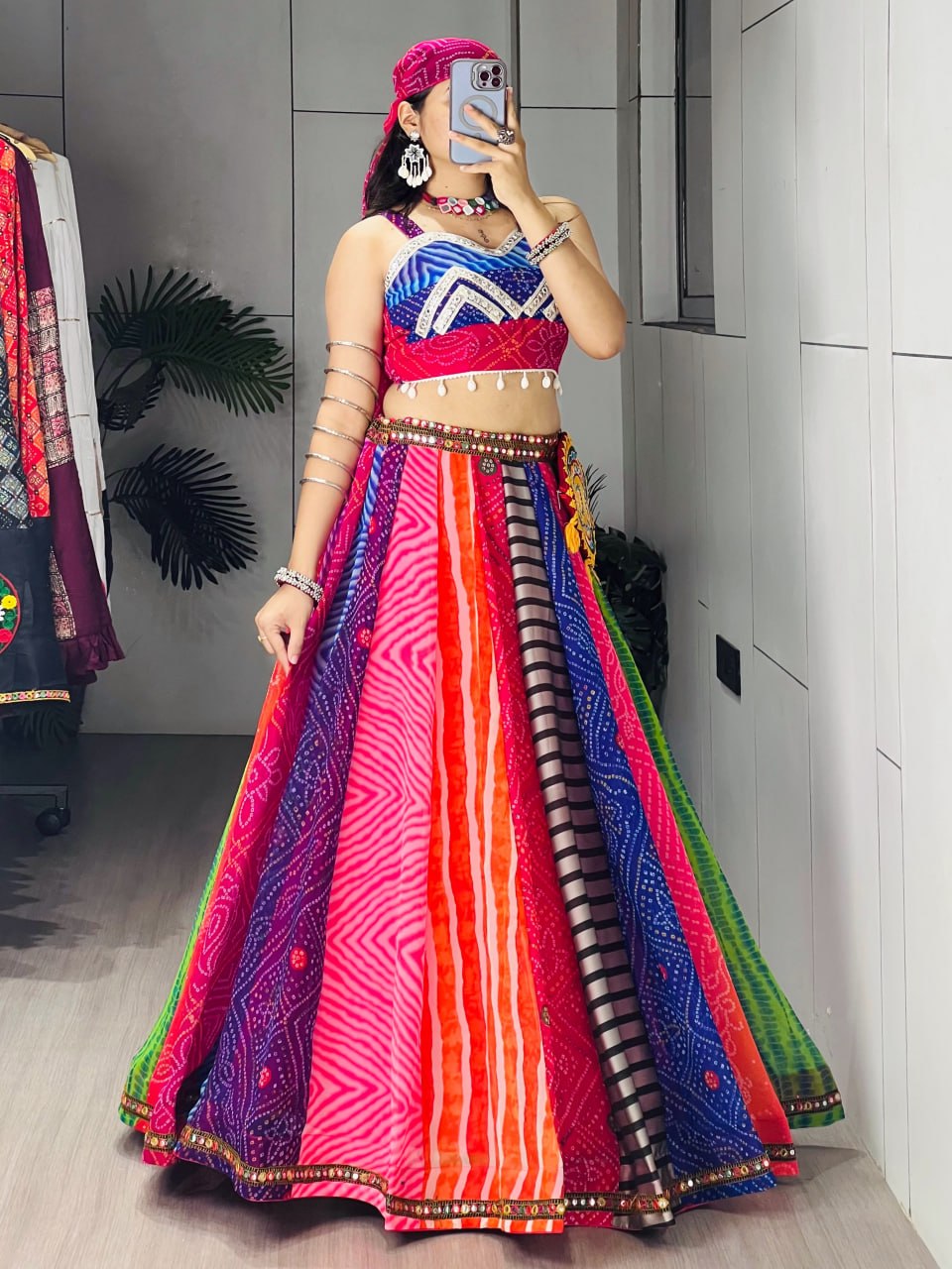 Multicolor Pure Faux Georgette Traditional Multi Prints kali Navratri Lehenga Choli