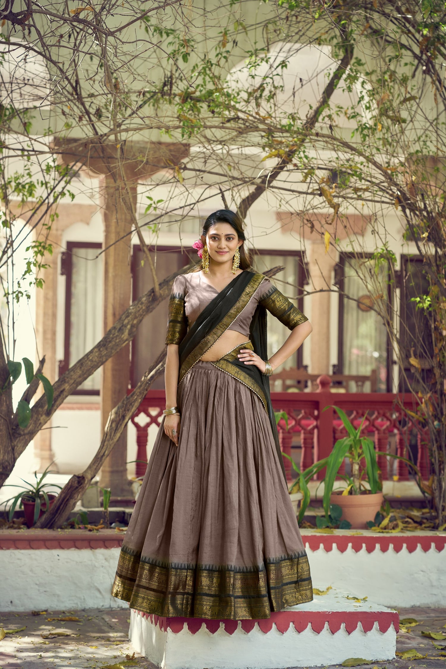 Brown Pure Poly Poly Cotton with Zari Woven Half Saree Lehenga
