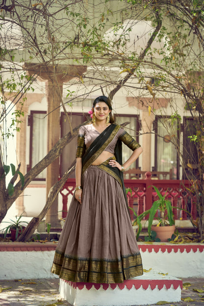 Brown Pure Poly Poly Cotton with Zari Woven Half Saree Lehenga