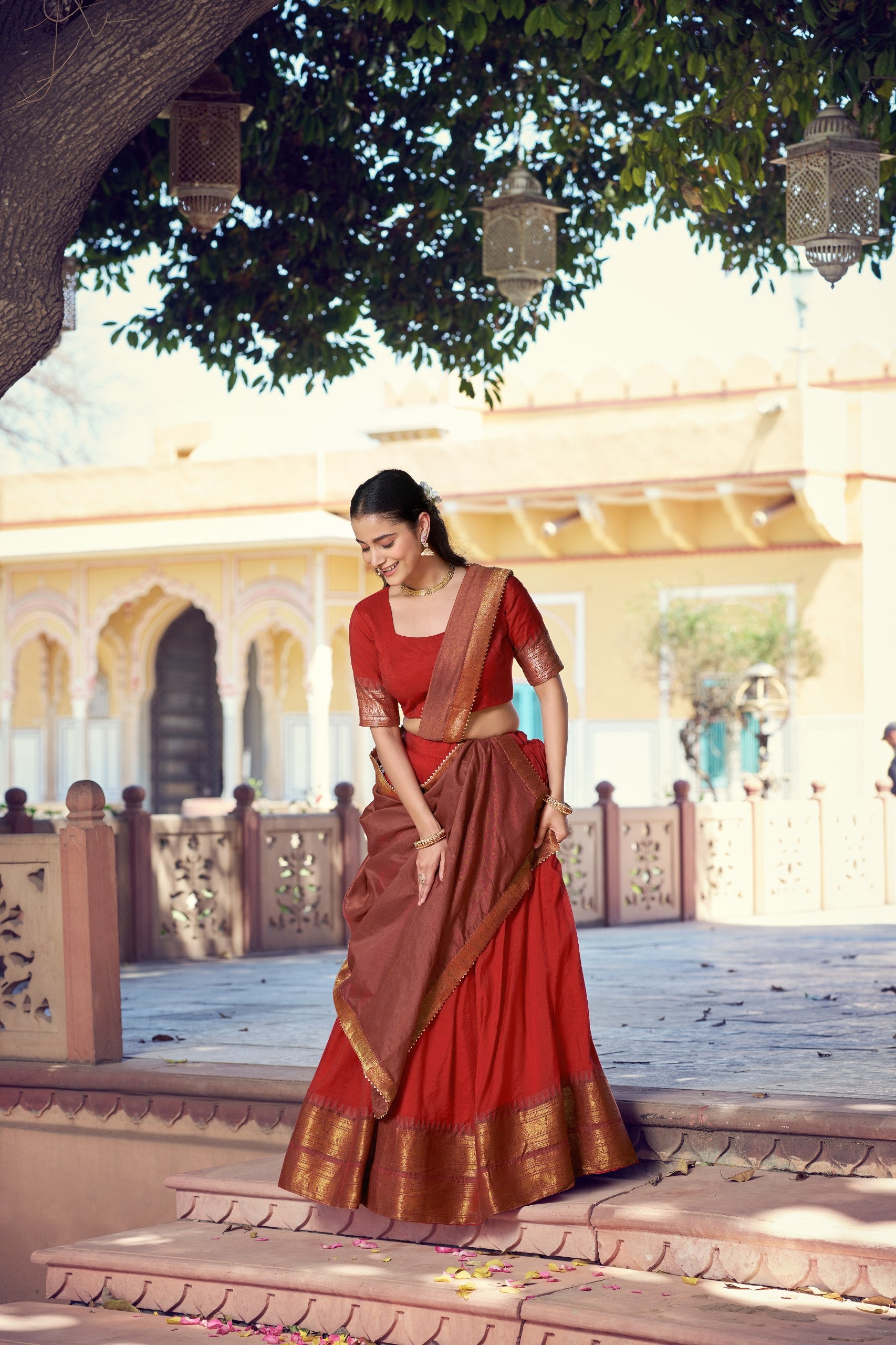 Red Pure Poly Poly Cotton with Zari Woven Half Saree Lehenga