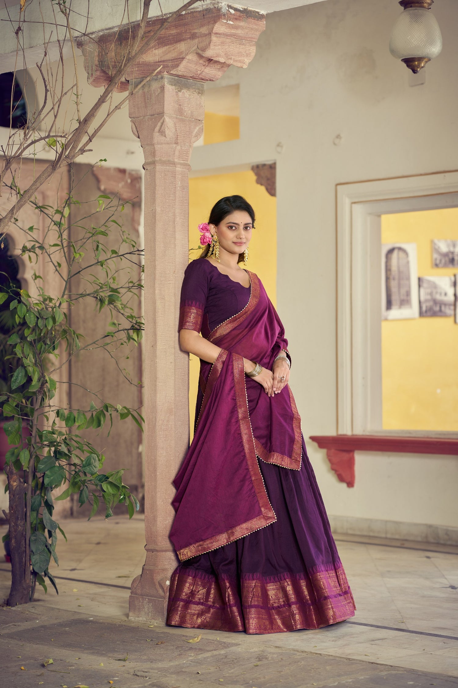 Purple Pure Poly Poly Cotton with Zari Woven Half Saree Lehenga