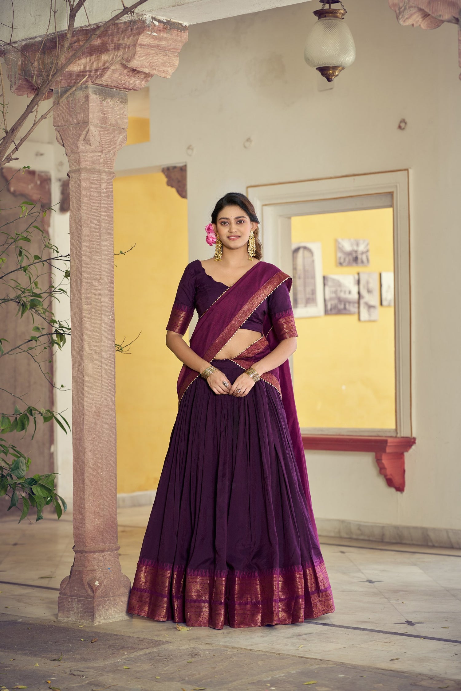 Purple Pure Poly Poly Cotton with Zari Woven Half Saree Lehenga