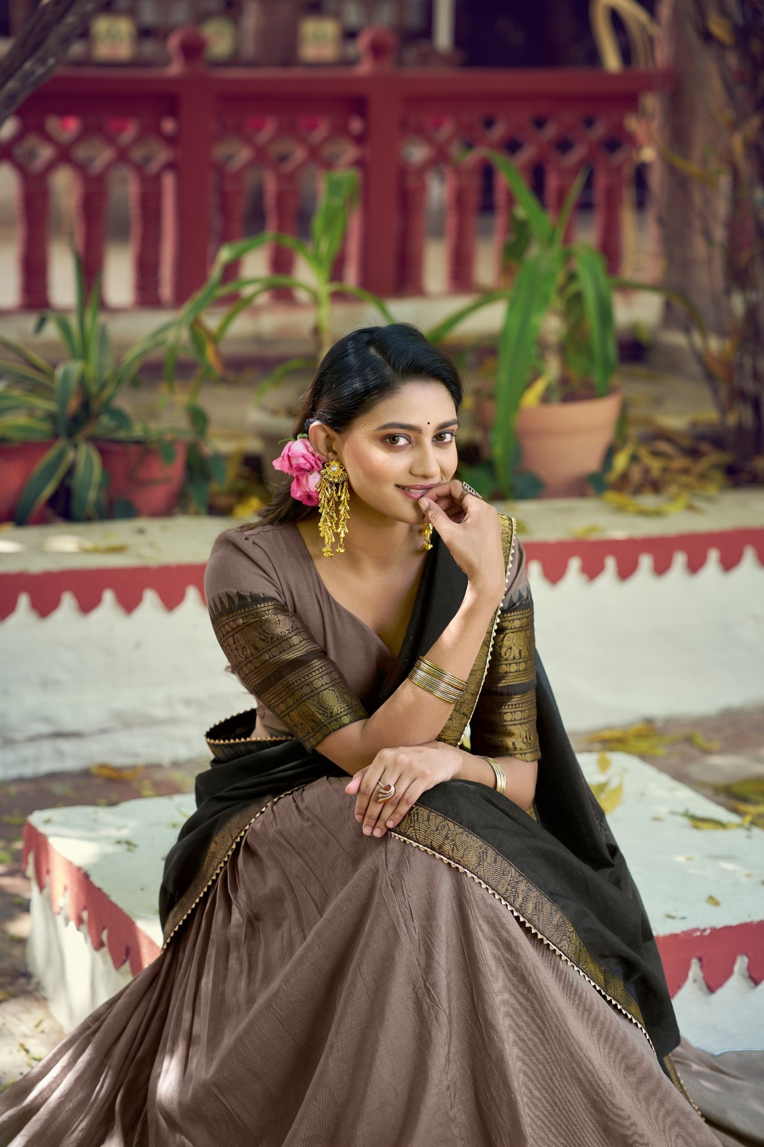 Brown Pure Poly Poly Cotton with Zari Woven Half Saree Lehenga