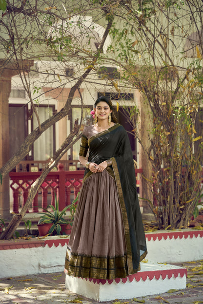 Brown Pure Poly Poly Cotton with Zari Woven Half Saree Lehenga