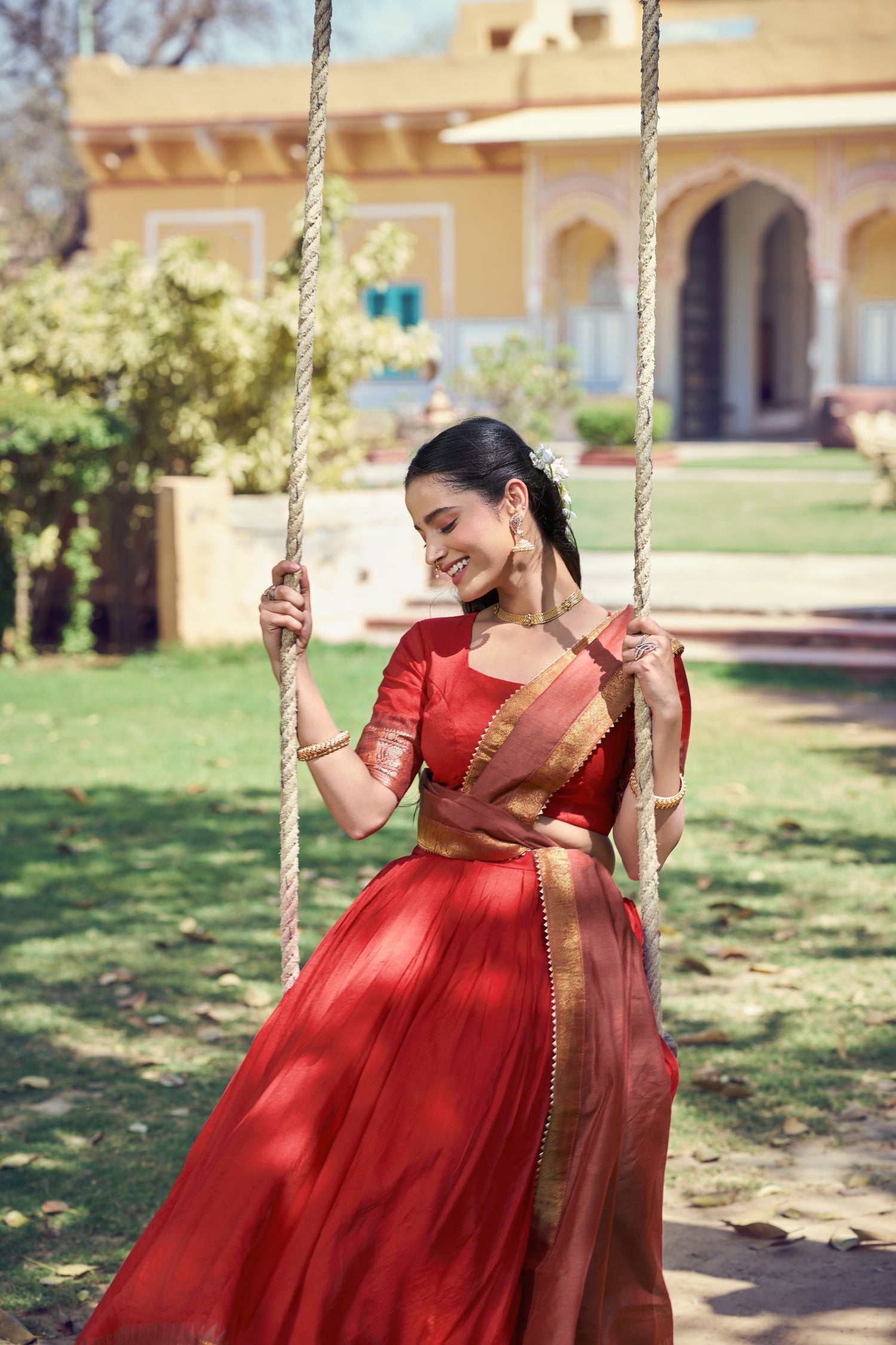 Red Pure Poly Poly Cotton with Zari Woven Half Saree Lehenga