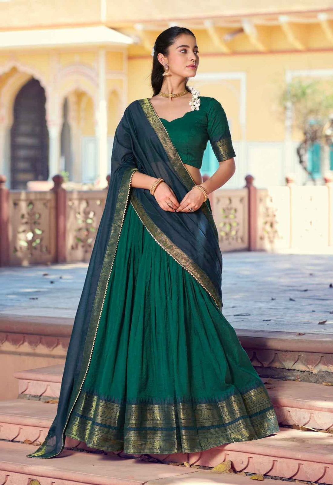 Green Pure Poly Poly Cotton with Zari Woven Half Saree Lehenga