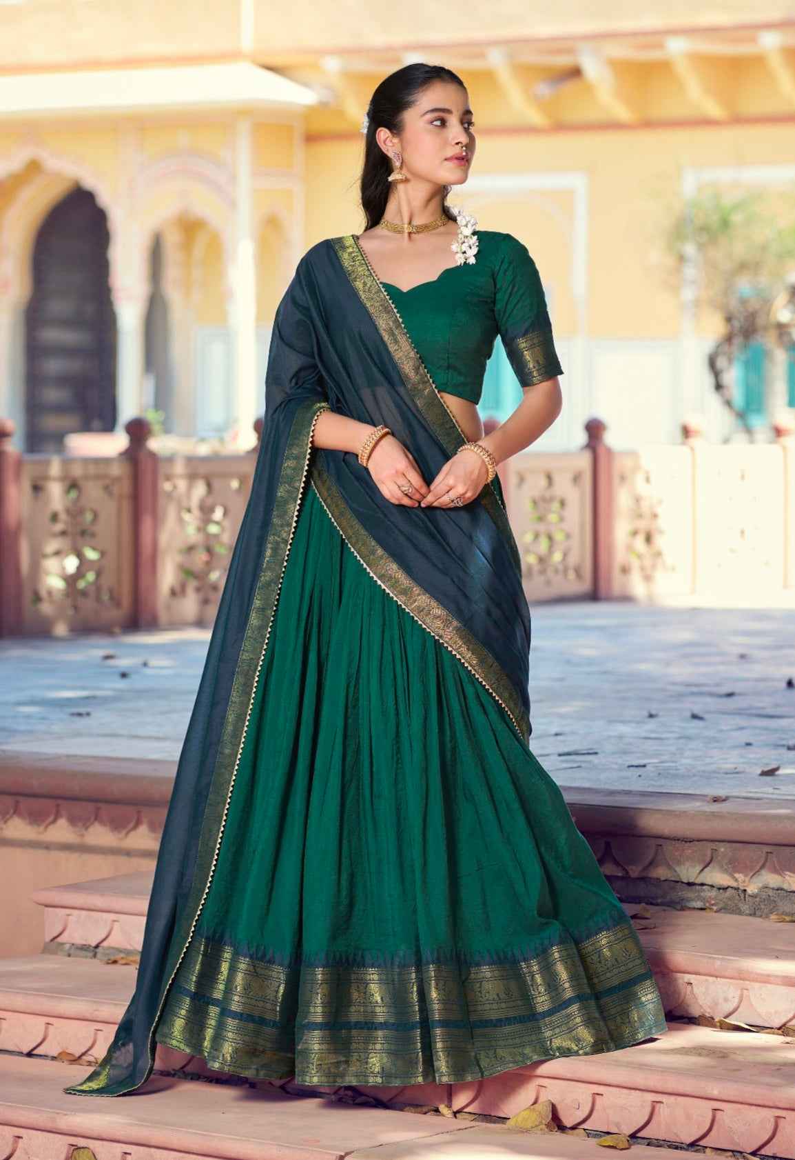 Green Pure Poly Poly Cotton with Zari Woven Half Saree Lehenga