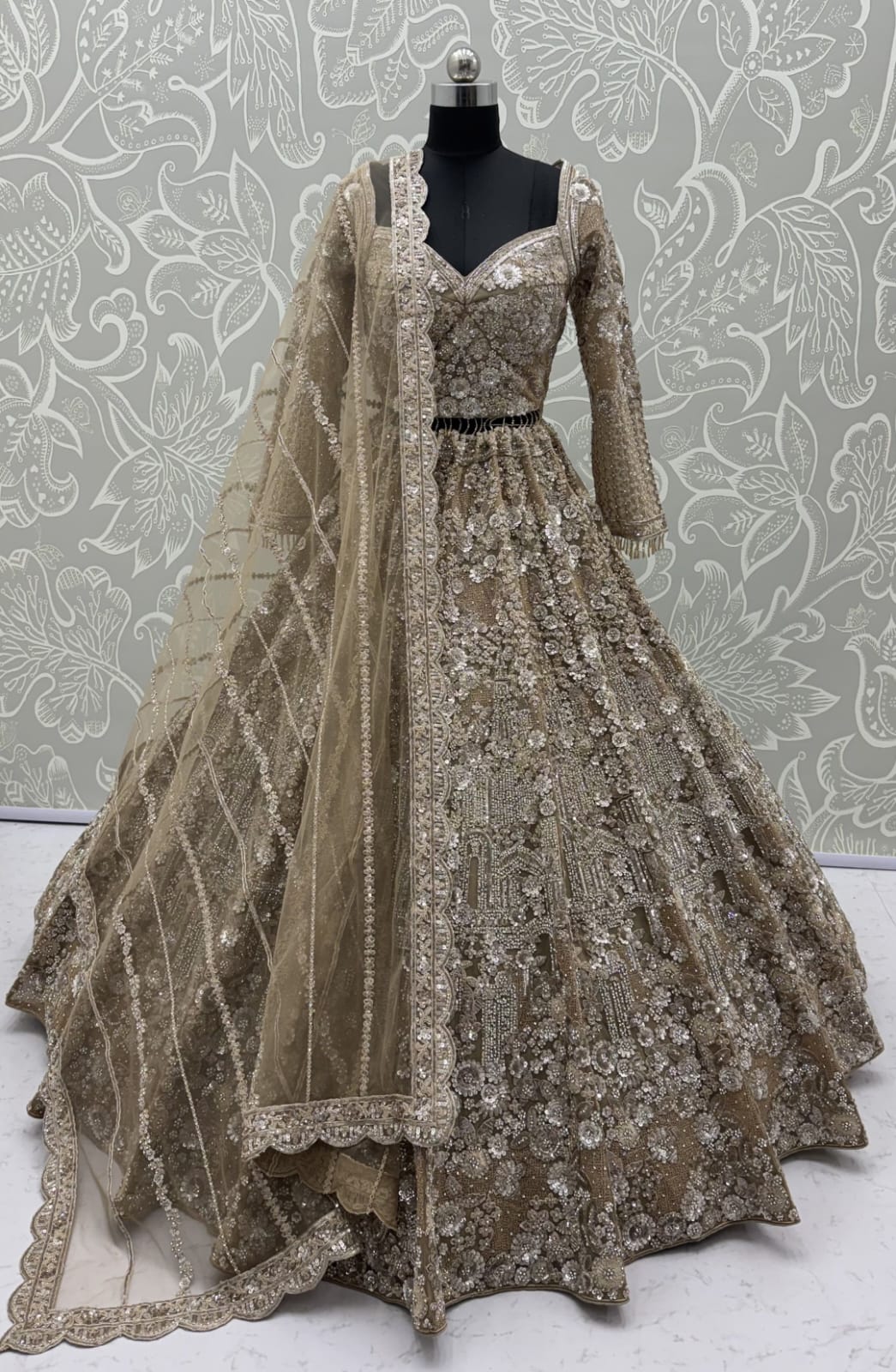 Golden Pure Heavy Net Monochrome Sequins Zari Embroidery Work Net Bridal Lehenga Choli