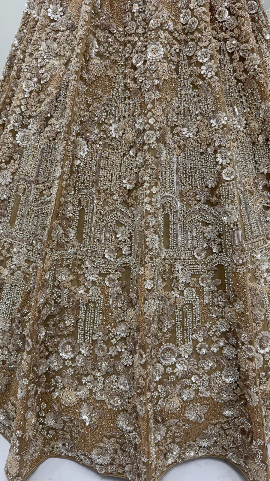 Golden Pure Heavy Net Monochrome Sequins Zari Embroidery Work Net Bridal Lehenga Choli