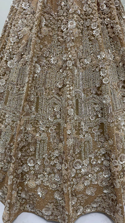 Golden Pure Heavy Net Monochrome Sequins Zari Embroidery Work Net Bridal Lehenga Choli