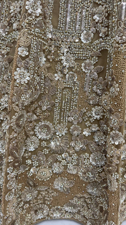 Golden Pure Heavy Net Monochrome Sequins Zari Embroidery Work Net Bridal Lehenga Choli