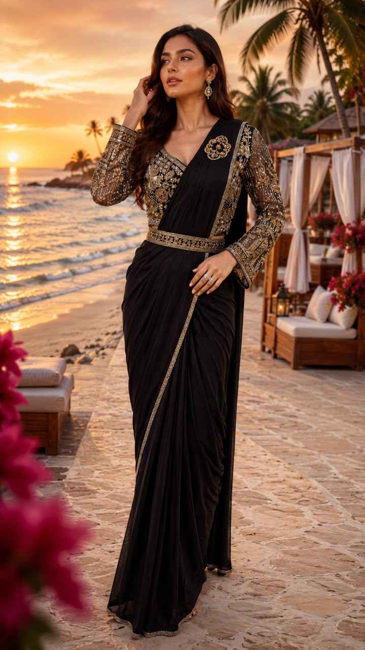 Black Purple Pure Imported  Lycra Silk Ready to Wear Saree