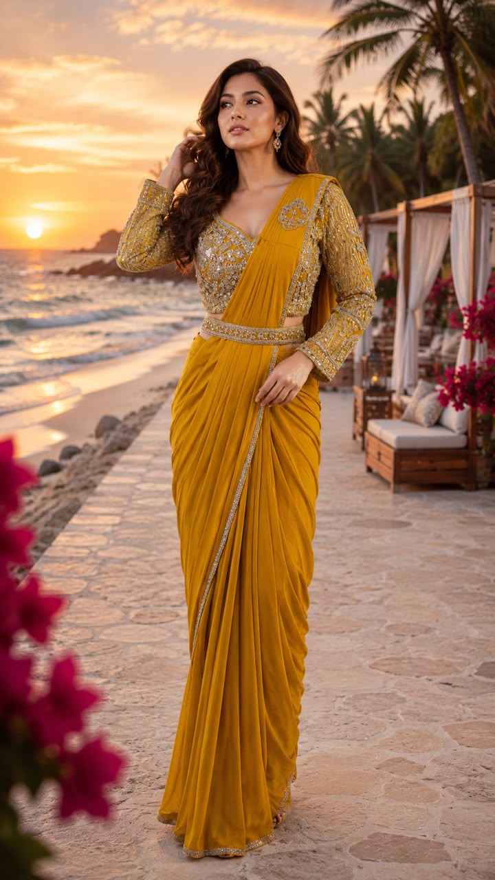 Yellow Purple Pure Imported  Lycra Silk Ready to Wear Saree