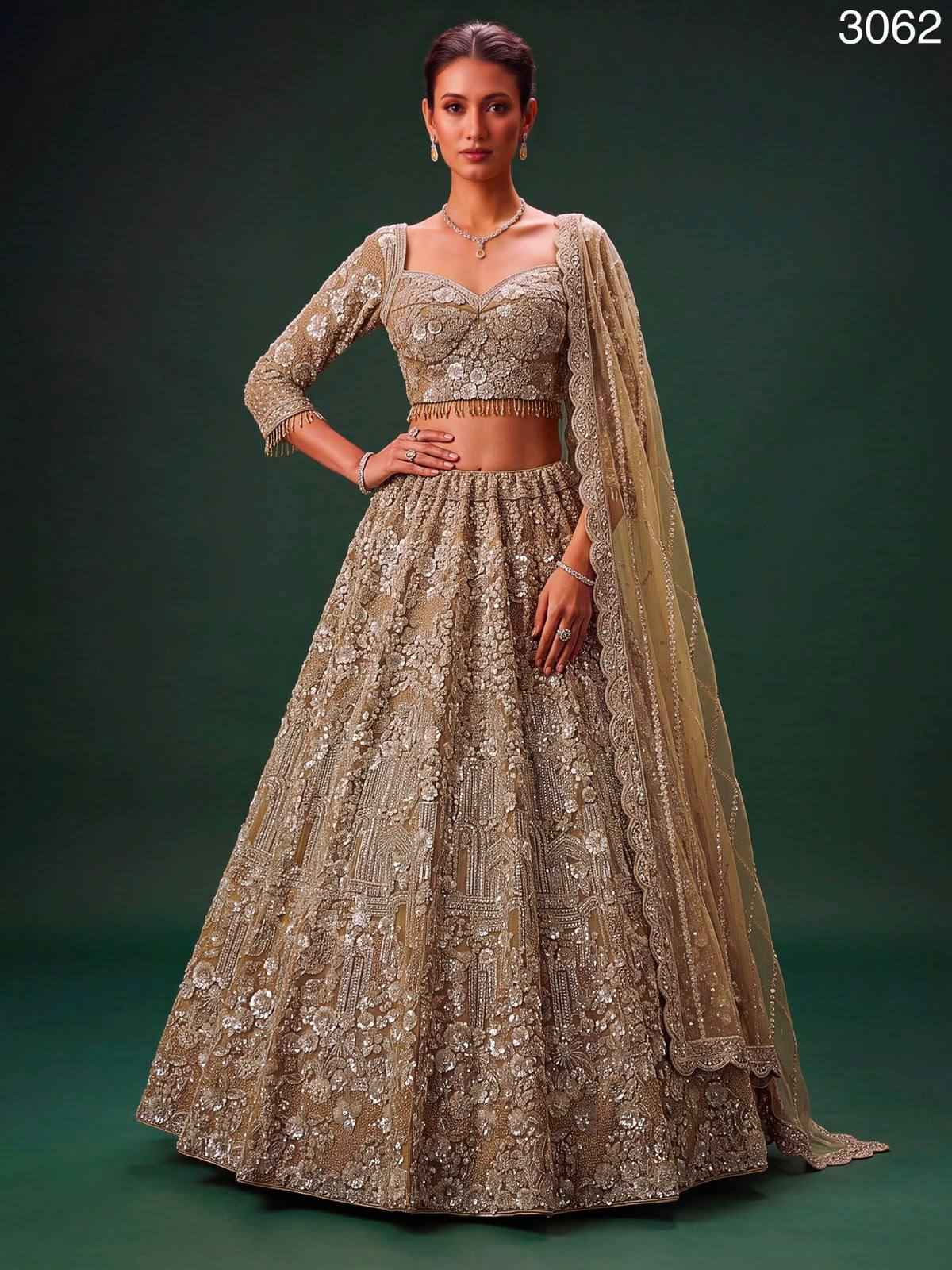 Golden Pure Heavy Net Monochrome Sequins Zari Embroidery Work Net Bridal Lehenga Choli