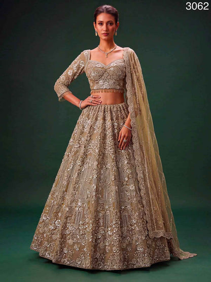 Golden Pure Heavy Net Monochrome Sequins Zari Embroidery Work Net Bridal Lehenga Choli