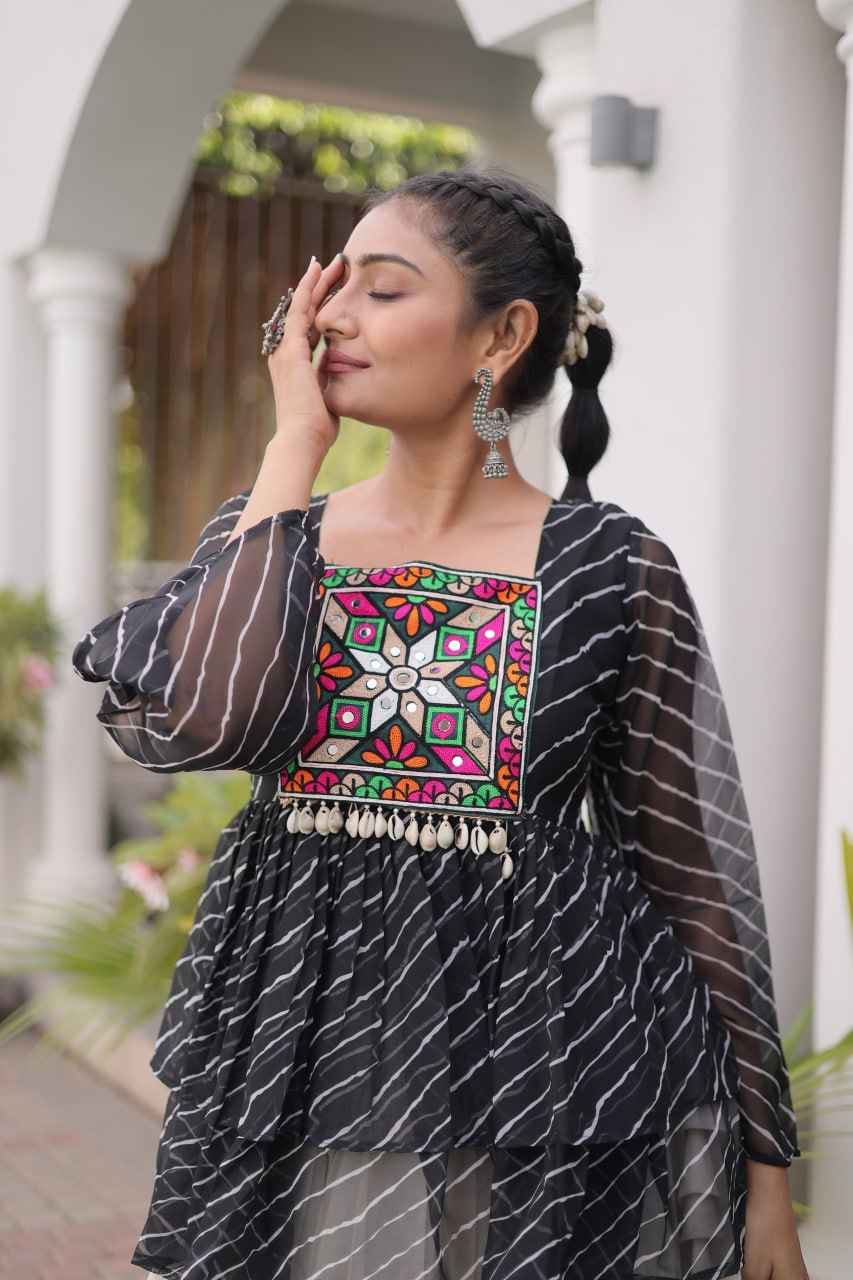 Black Pure Faux Georgette Lahariya Print with Kutchi Patchwork Navratri Lehenga Choli