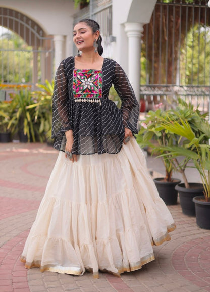 Black Pure Faux Georgette Lahariya Print with Kutchi Patchwork Navratri Lehenga Choli