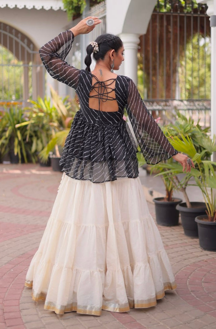 Black Pure Faux Georgette Lahariya Print with Kutchi Patchwork Navratri Lehenga Choli