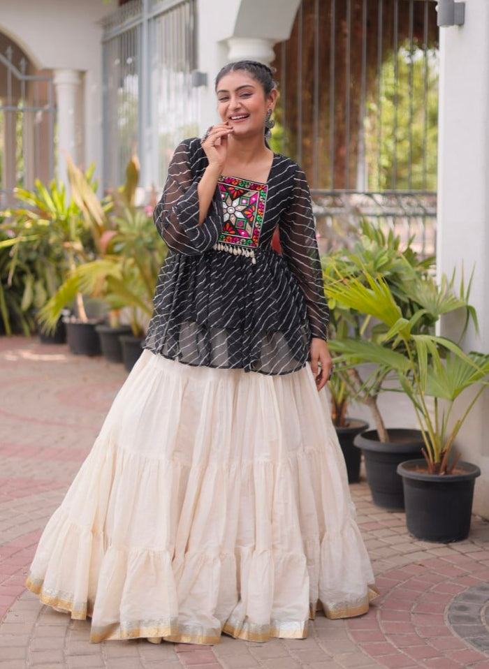 Black Pure Faux Georgette Lahariya Print with Kutchi Patchwork Navratri Lehenga Choli