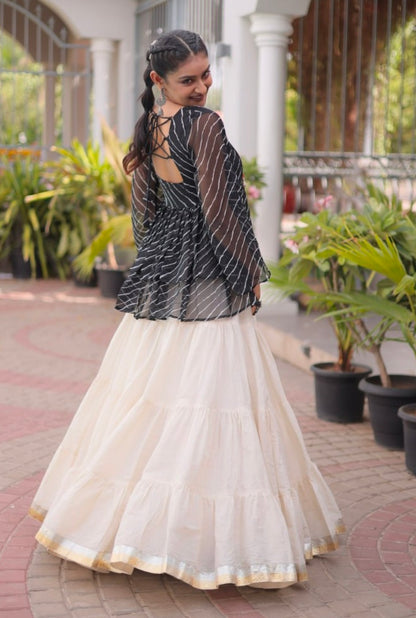 Black Pure Faux Georgette Lahariya Print with Kutchi Patchwork Navratri Lehenga Choli