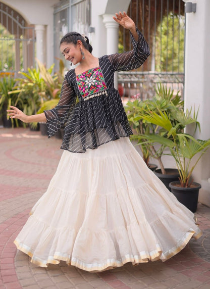 Black Pure Faux Georgette Lahariya Print with Kutchi Patchwork Navratri Lehenga Choli
