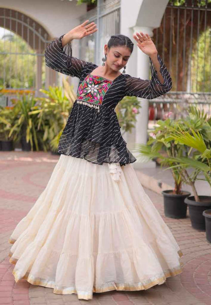 Black Pure Faux Georgette Lahariya Print with Kutchi Patchwork Navratri Lehenga Choli
