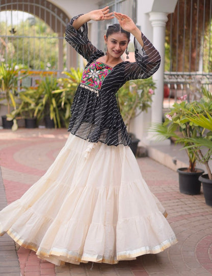 Black Pure Faux Georgette Lahariya Print with Kutchi Patchwork Navratri Lehenga Choli
