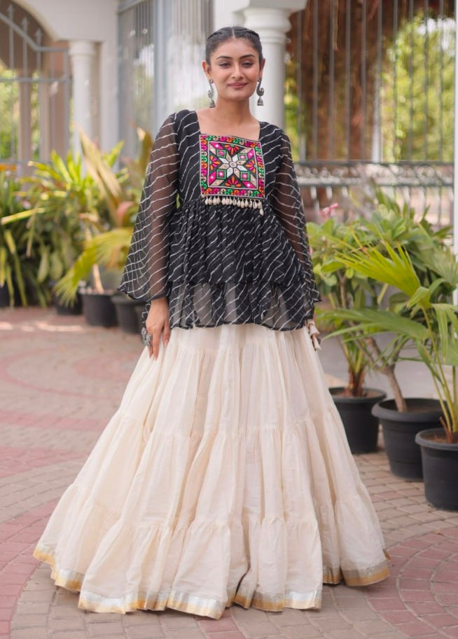 Black Pure Faux Georgette Lahariya Print with Kutchi Patchwork Navratri Lehenga Choli