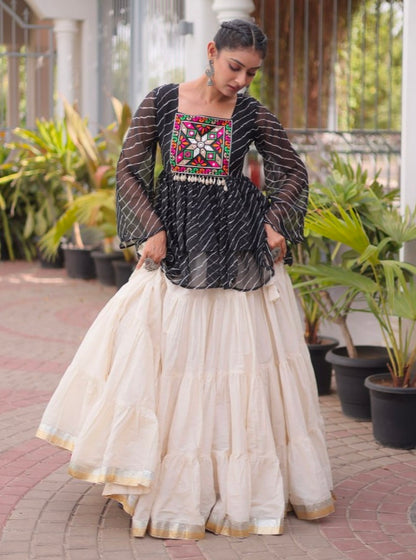 Black Pure Faux Georgette Lahariya Print with Kutchi Patchwork Navratri Lehenga Choli