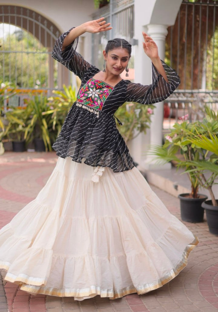 Black Pure Faux Georgette Lahariya Print with Kutchi Patchwork Navratri Lehenga Choli