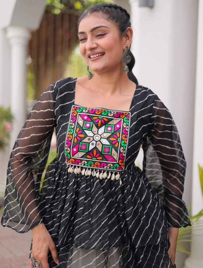 Black Pure Faux Georgette Lahariya Print with Kutchi Patchwork Navratri Lehenga Choli