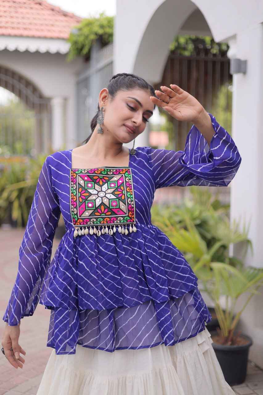 Blue Pure Faux Georgette Lahariya Print with Kutchi Patchwork Navratri Lehenga Choli