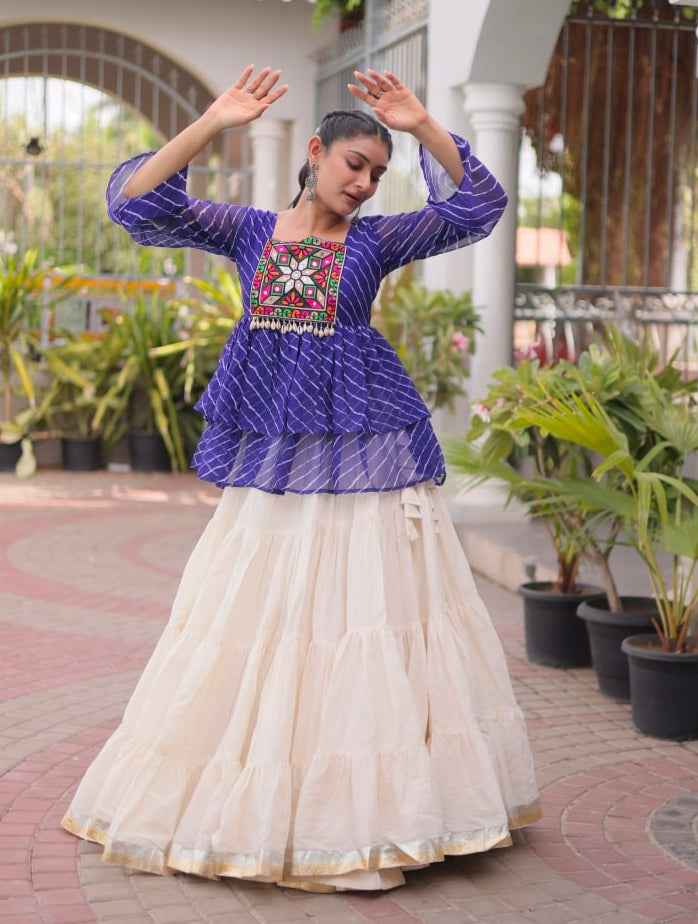 Blue Pure Faux Georgette Lahariya Print with Kutchi Patchwork Navratri Lehenga Choli