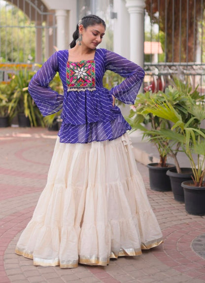 Blue Pure Faux Georgette Lahariya Print with Kutchi Patchwork Navratri Lehenga Choli