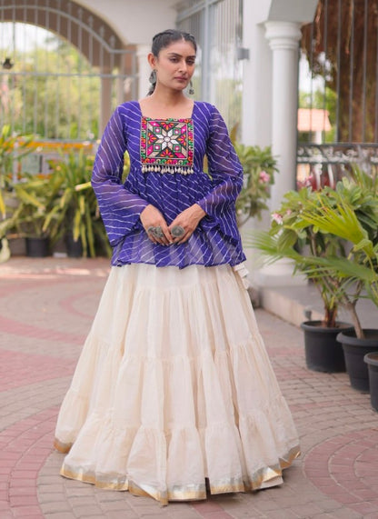 Blue Pure Faux Georgette Lahariya Print with Kutchi Patchwork Navratri Lehenga Choli