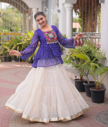 Blue Pure Faux Georgette Lahariya Print with Kutchi Patchwork Navratri Lehenga Choli
