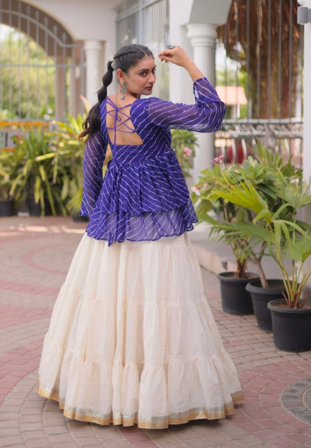 Blue Pure Faux Georgette Lahariya Print with Kutchi Patchwork Navratri Lehenga Choli