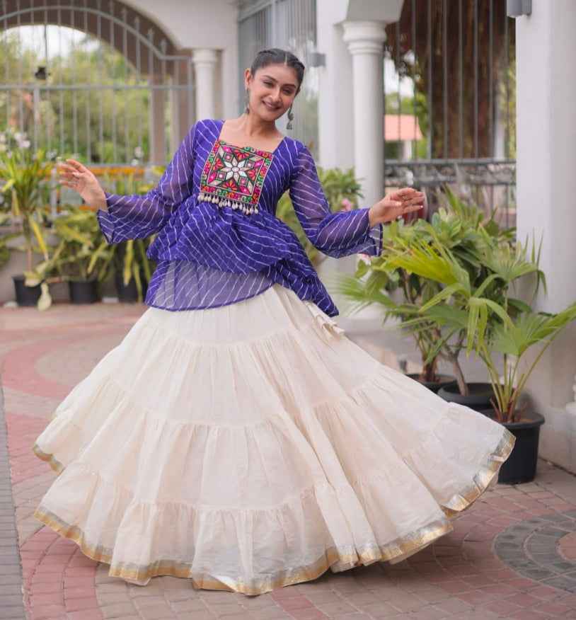 Blue Pure Faux Georgette Lahariya Print with Kutchi Patchwork Navratri Lehenga Choli
