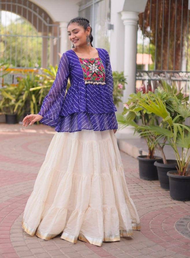 Blue Pure Faux Georgette Lahariya Print with Kutchi Patchwork Navratri Lehenga Choli